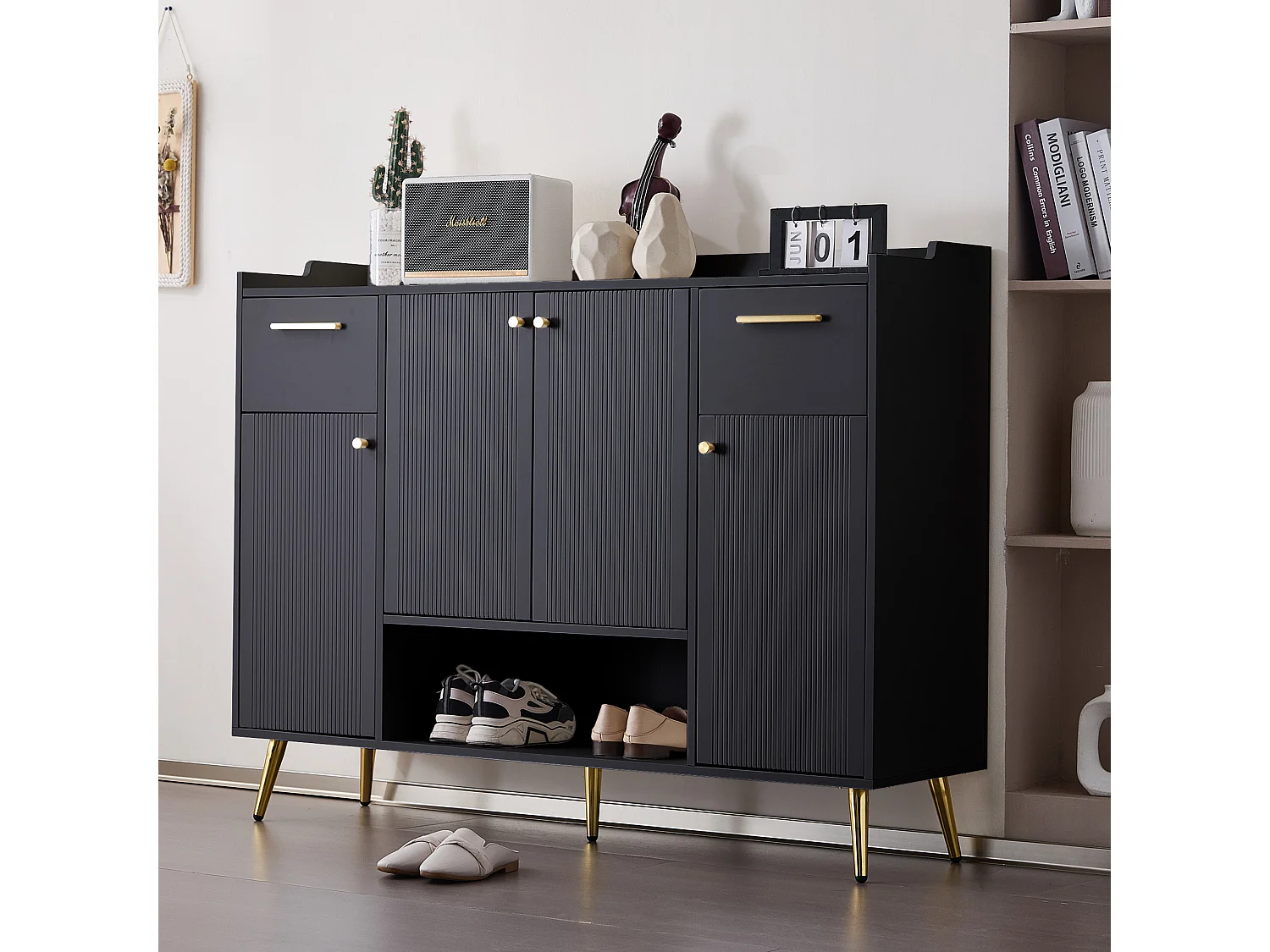 Meuble à chaussures avec 2 tiroirs et 4 portes - 130 x 37 x 100 cm - pieds en métal et panneaux de particules - Noir