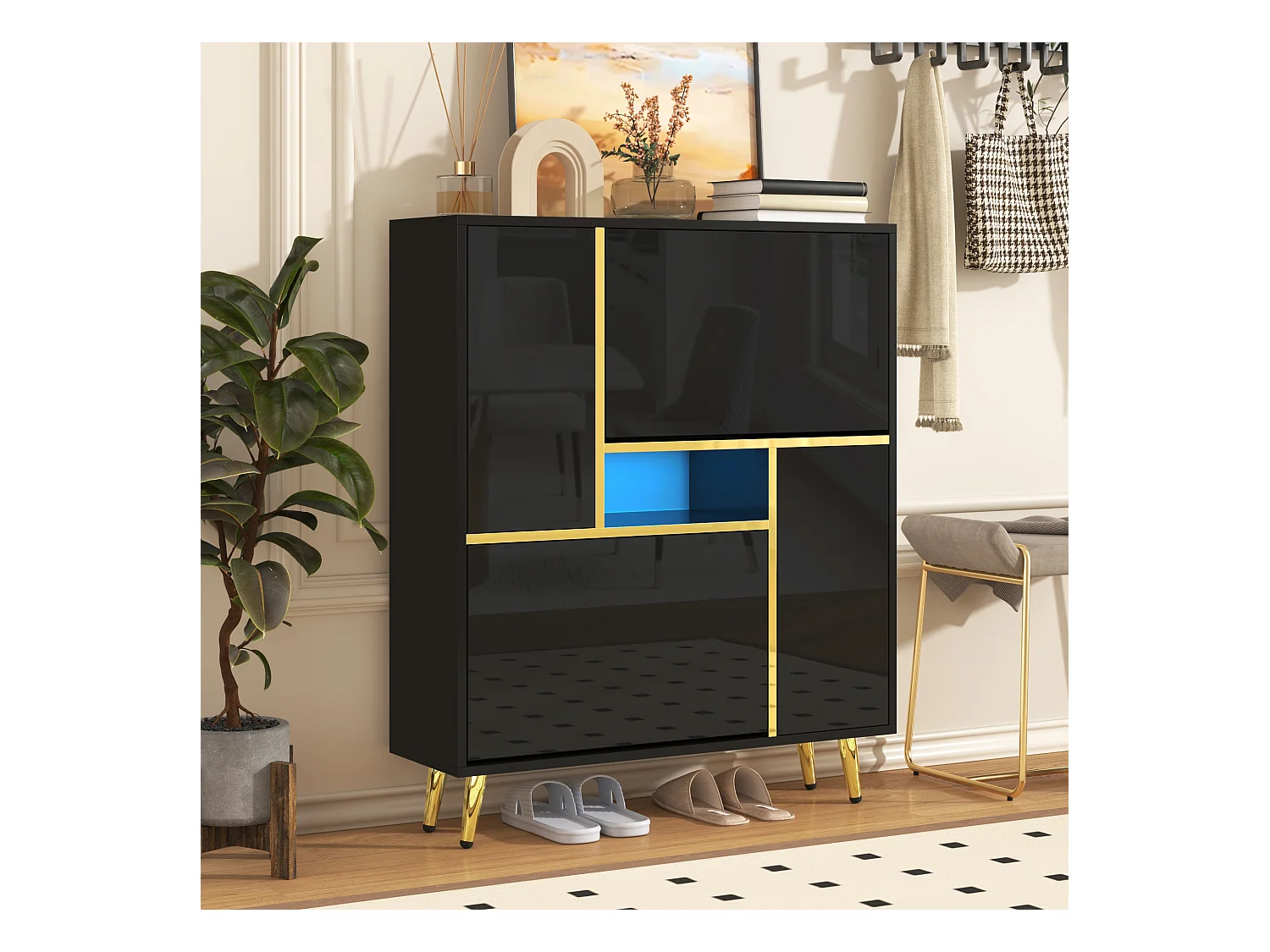 Schuhschrank mit glänzender Front – 80 x 25 x 96 cm – LEDs – Spanplatte – Schwarz