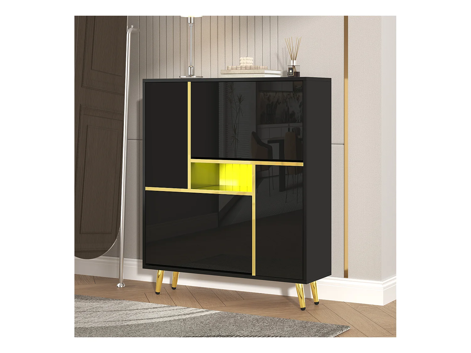 Schuhschrank mit glänzender Front – 80 x 25 x 96 cm – LEDs – Spanplatte – Schwarz