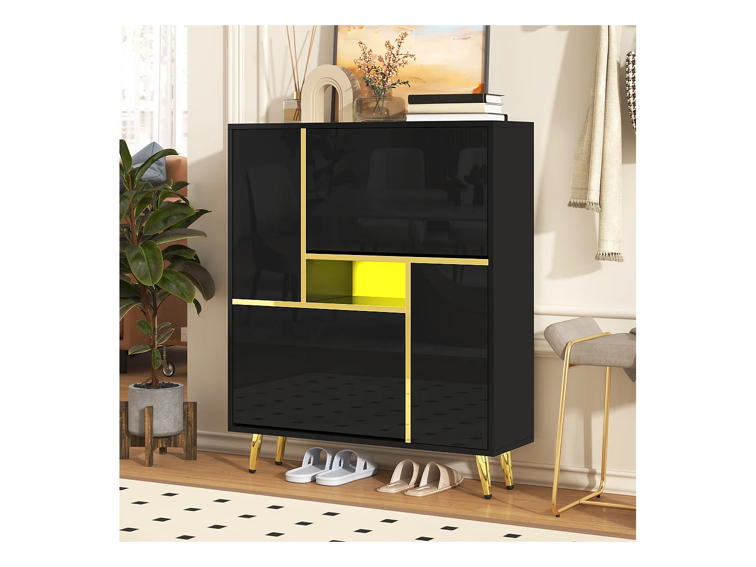 Schuhschrank mit glänzender Front – 80 x 25 x 96 cm – LEDs – Spanplatte – Schwarz