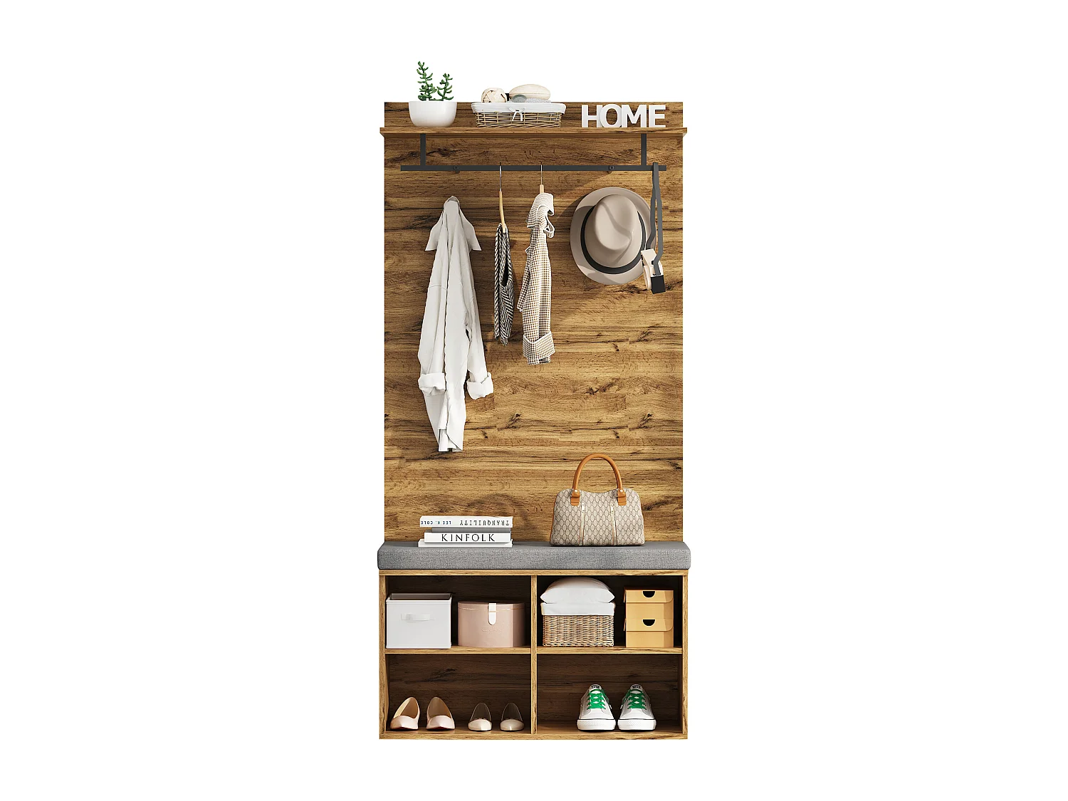 Sapateira com banco, 2 portas e cabide - 175 x 84 x 37 cm - Aglomerado - Prateleira ajustável - Carvalho