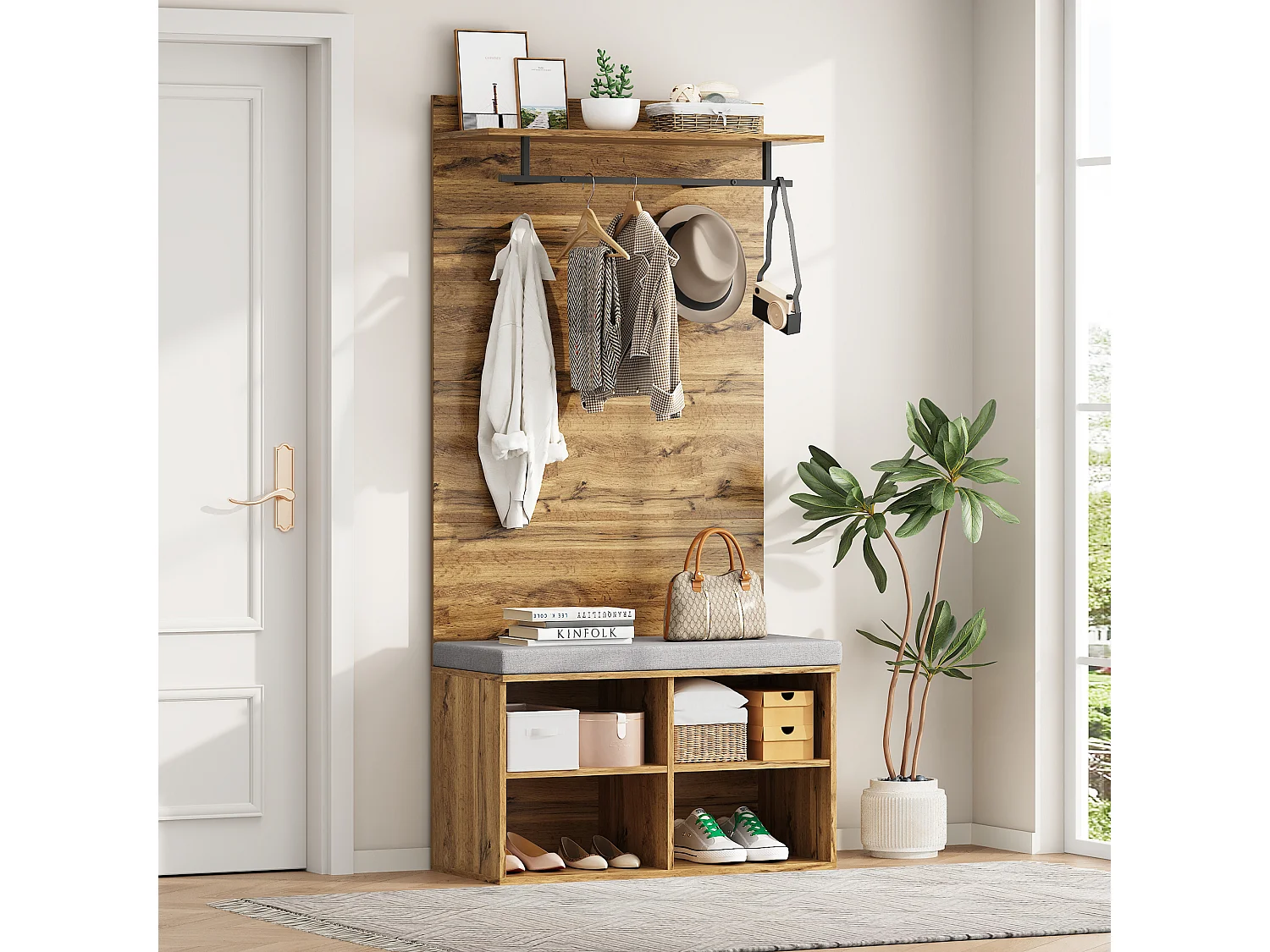 Zapatero con banco, 2 puertas y perchero - 175 x 84 x 37 cm - Tablero de partículas - Balda regulable - Roble