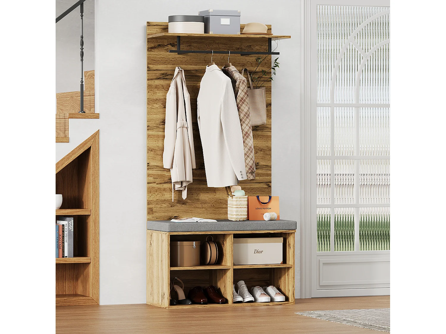 Zapatero con banco, 2 puertas y perchero - 175 x 84 x 37 cm - Tablero de partículas - Balda regulable - Roble