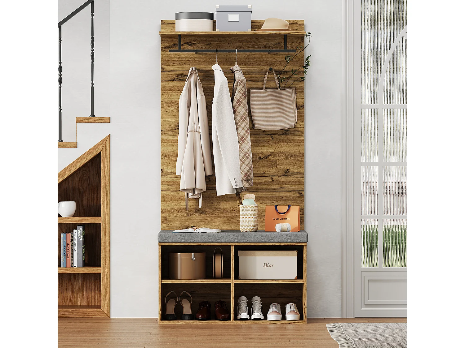 Zapatero con banco, 2 puertas y perchero - 175 x 84 x 37 cm - Tablero de partículas - Balda regulable - Roble