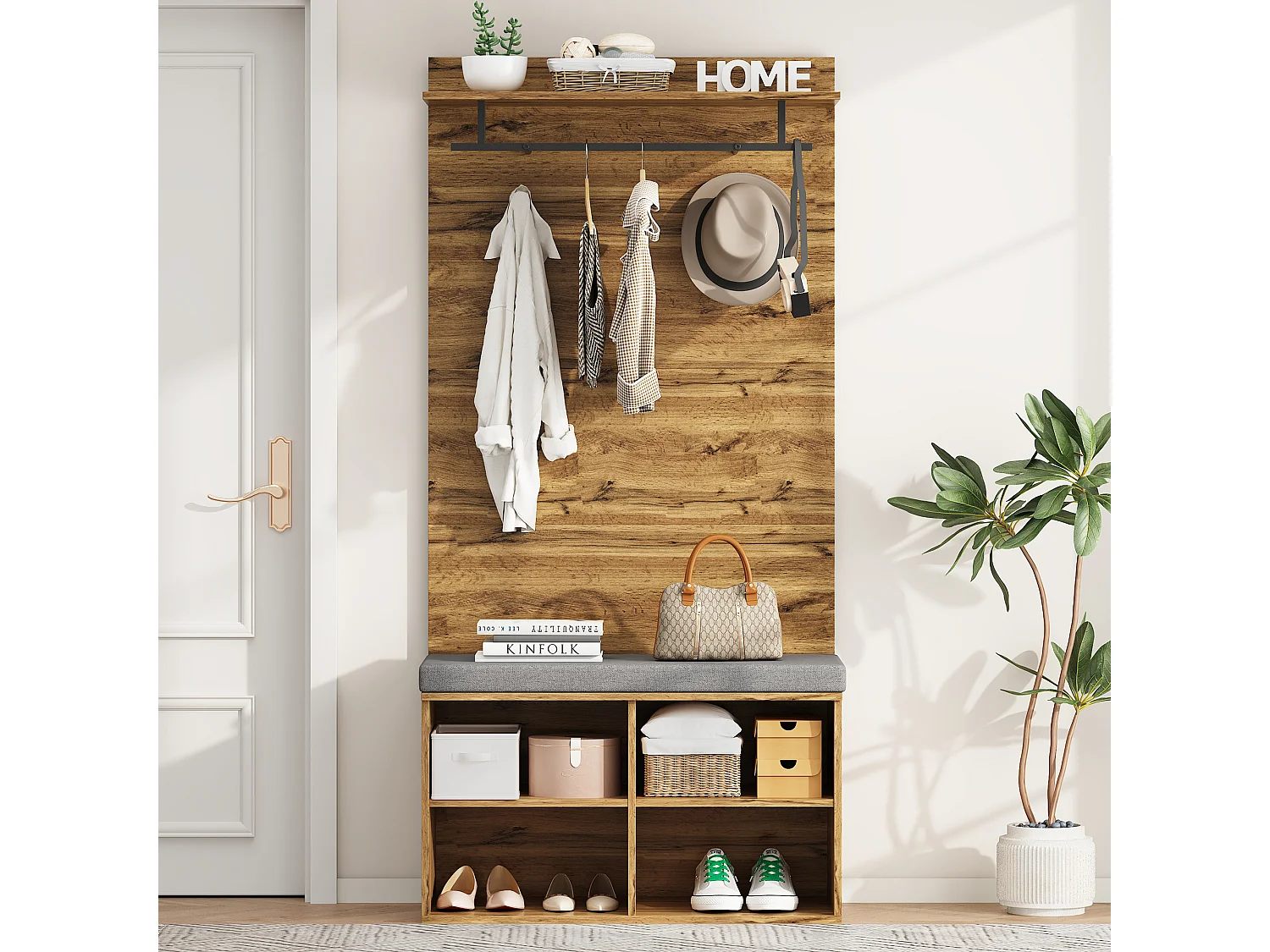 Zapatero con banco, 2 puertas y perchero - 175 x 84 x 37 cm - Tablero de partículas - Balda regulable - Roble