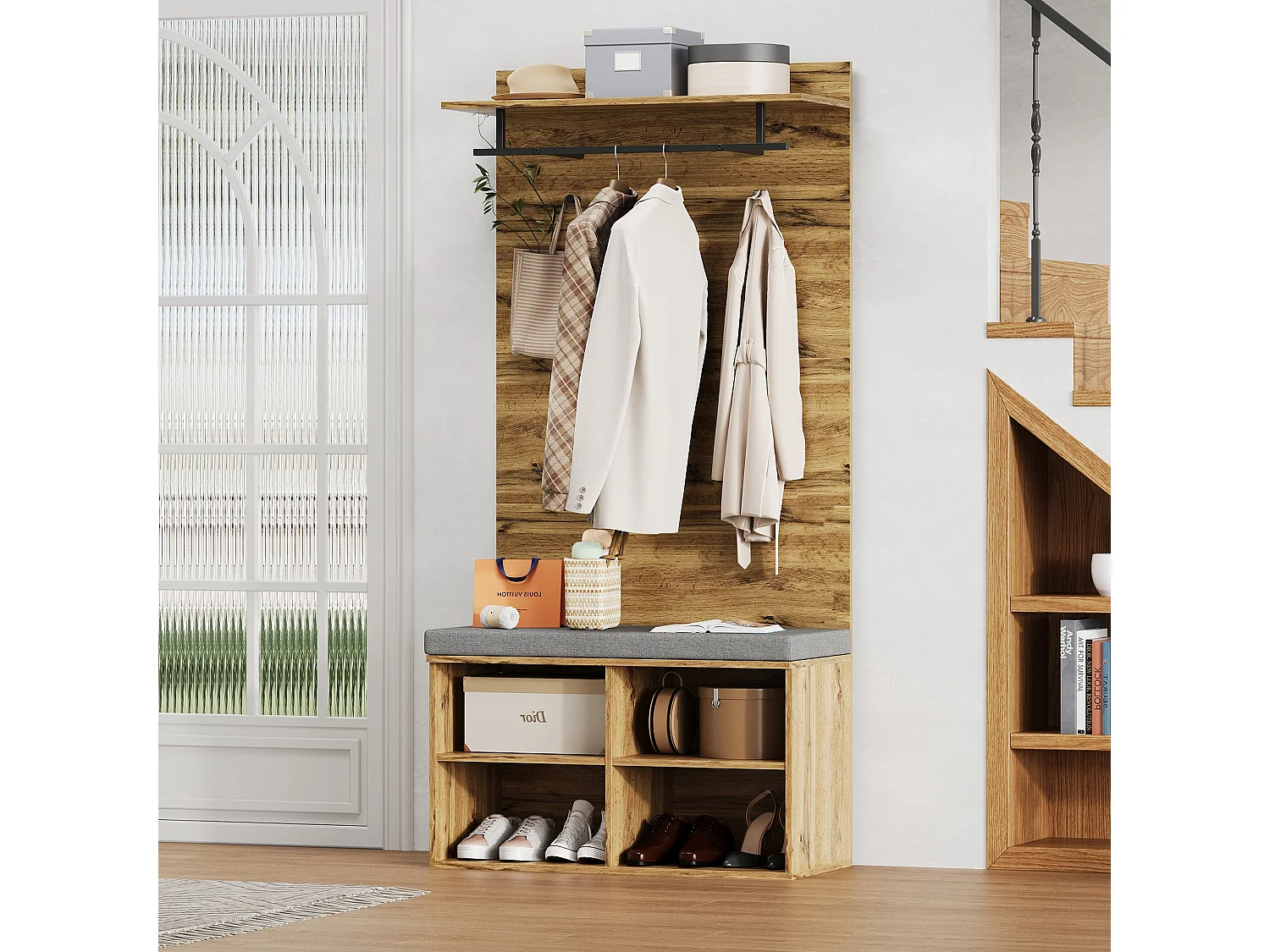 Zapatero con banco, 2 puertas y perchero - 175 x 84 x 37 cm - Tablero de partículas - Balda regulable - Roble