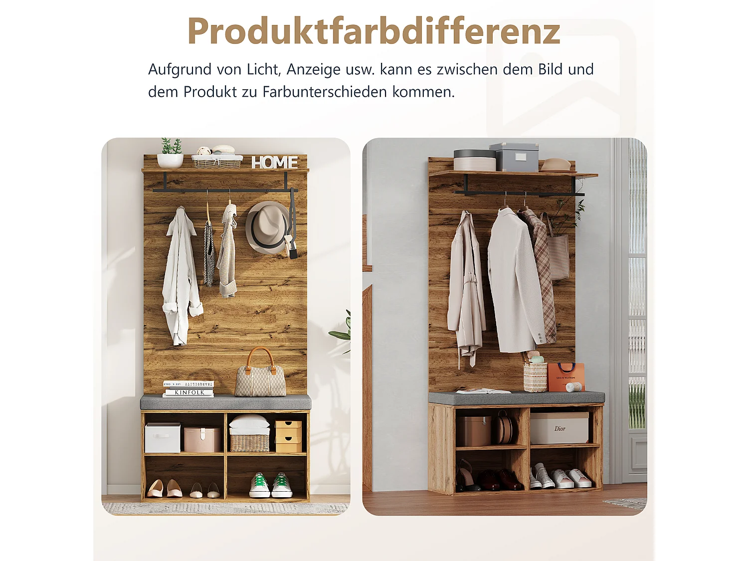 Zapatero con banco, 2 puertas y perchero - 175 x 84 x 37 cm - Tablero de partículas - Balda regulable - Roble