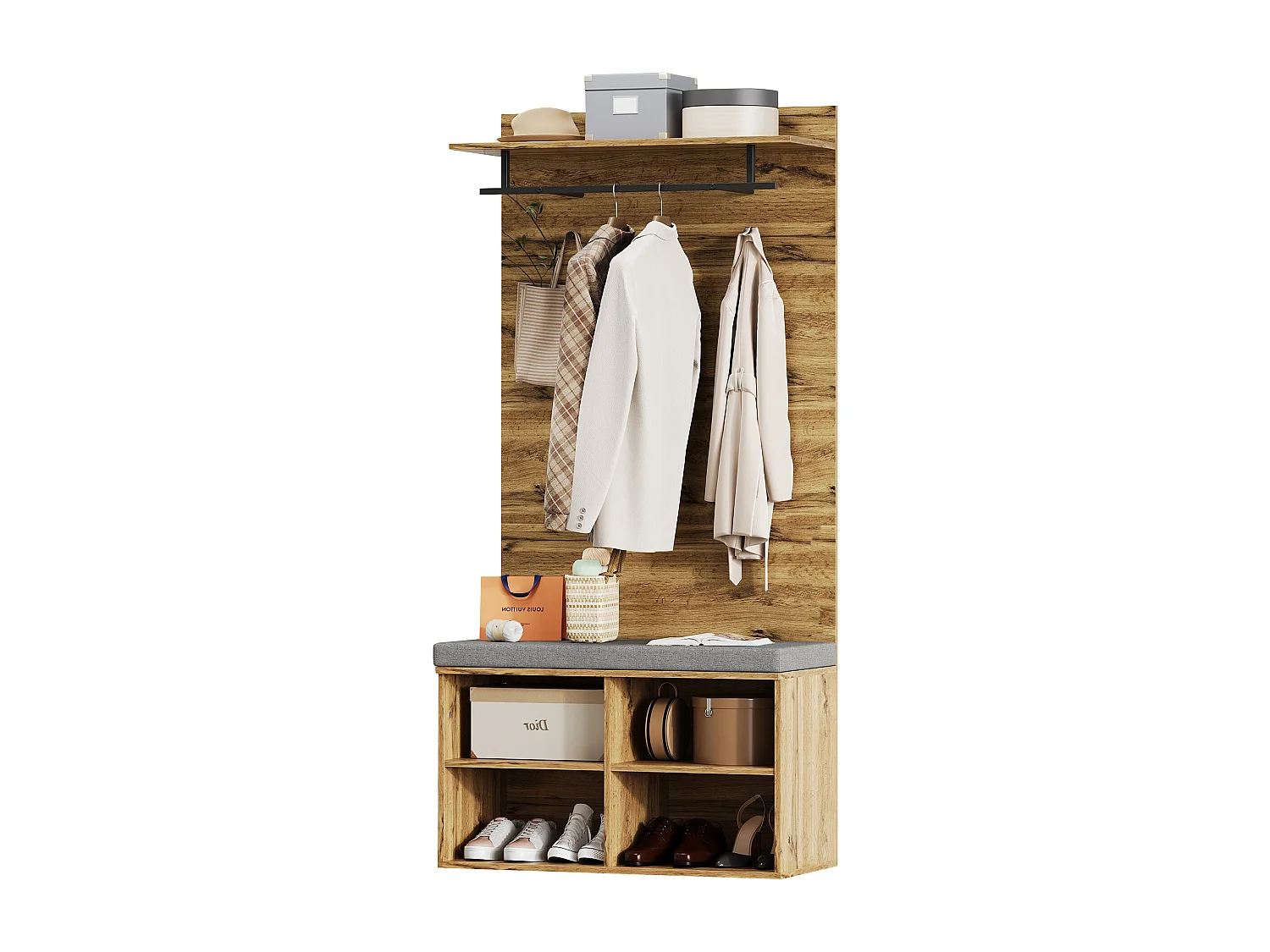 Zapatero con banco, 2 puertas y perchero - 175 x 84 x 37 cm - Tablero de partículas - Balda regulable - Roble