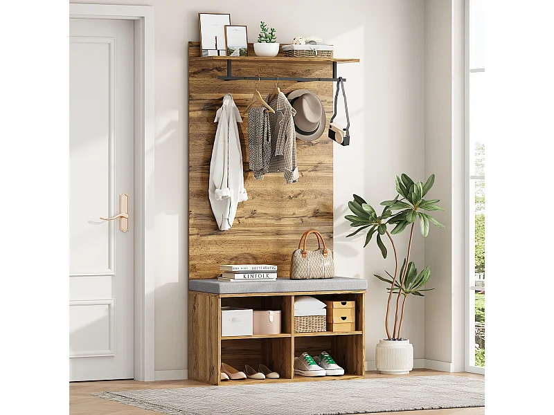 Scarpiera con panca, 2 ante e appendiabiti - 175 x 84 x 37 cm - Truciolare - Ripiano regolabile - Rovere