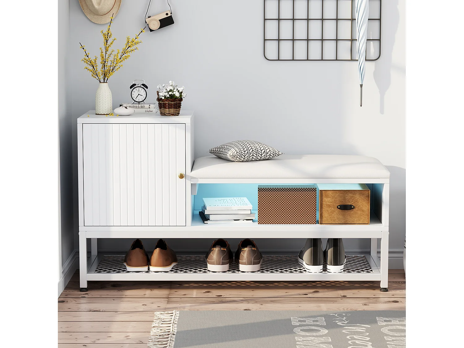 Meuble à chaussures avec banc et 1 porte - 100 x 38 x 59,7 cm - LEDs - Panneaux de particules - Blanc