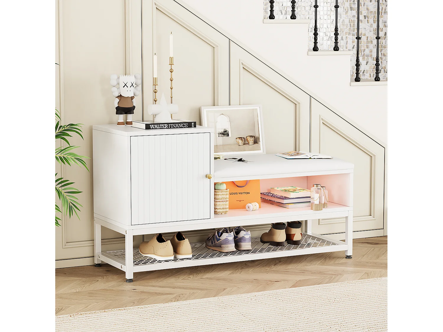 Meuble à chaussures avec banc et 1 porte - 100 x 38 x 59,7 cm - LEDs - Panneaux de particules - Blanc