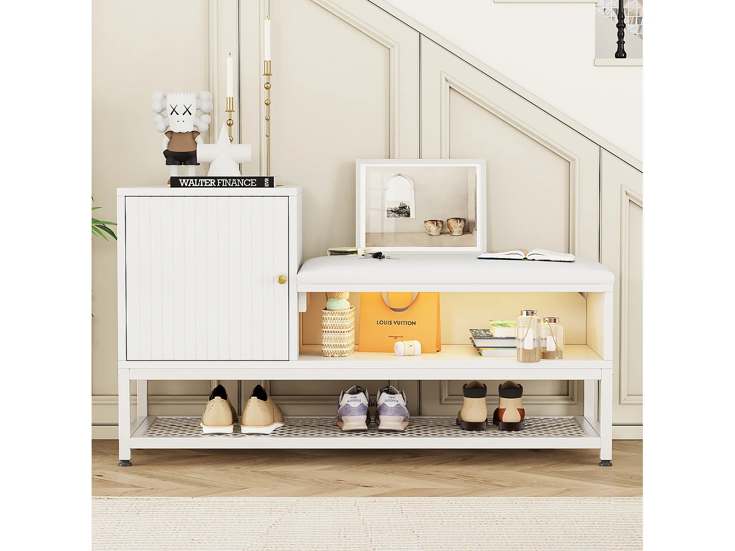 Meuble à chaussures avec banc et 1 porte - 100 x 38 x 59,7 cm - LEDs - Panneaux de particules - Blanc