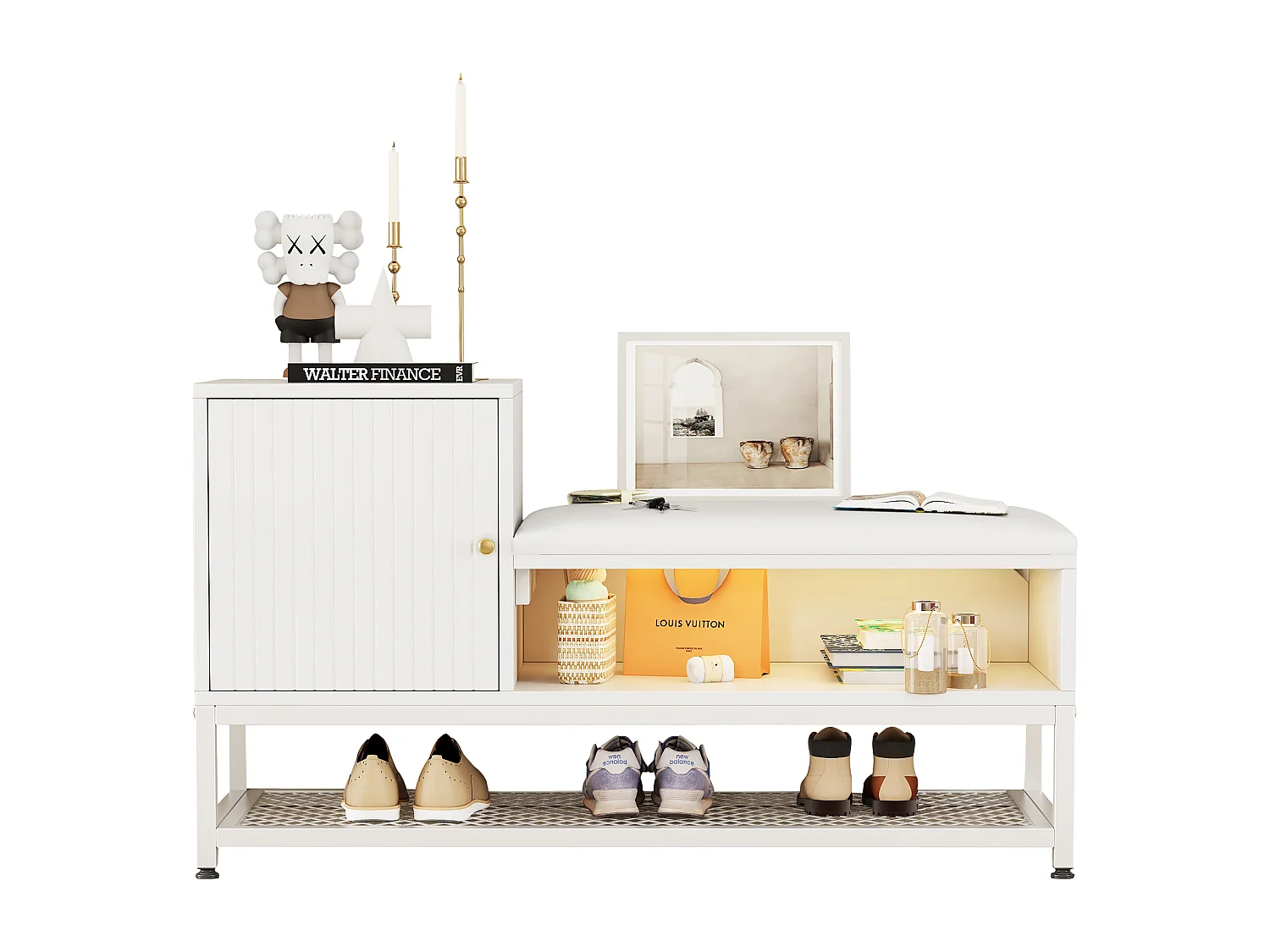 Meuble à chaussures avec banc et 1 porte - 100 x 38 x 59,7 cm - LEDs - Panneaux de particules - Blanc