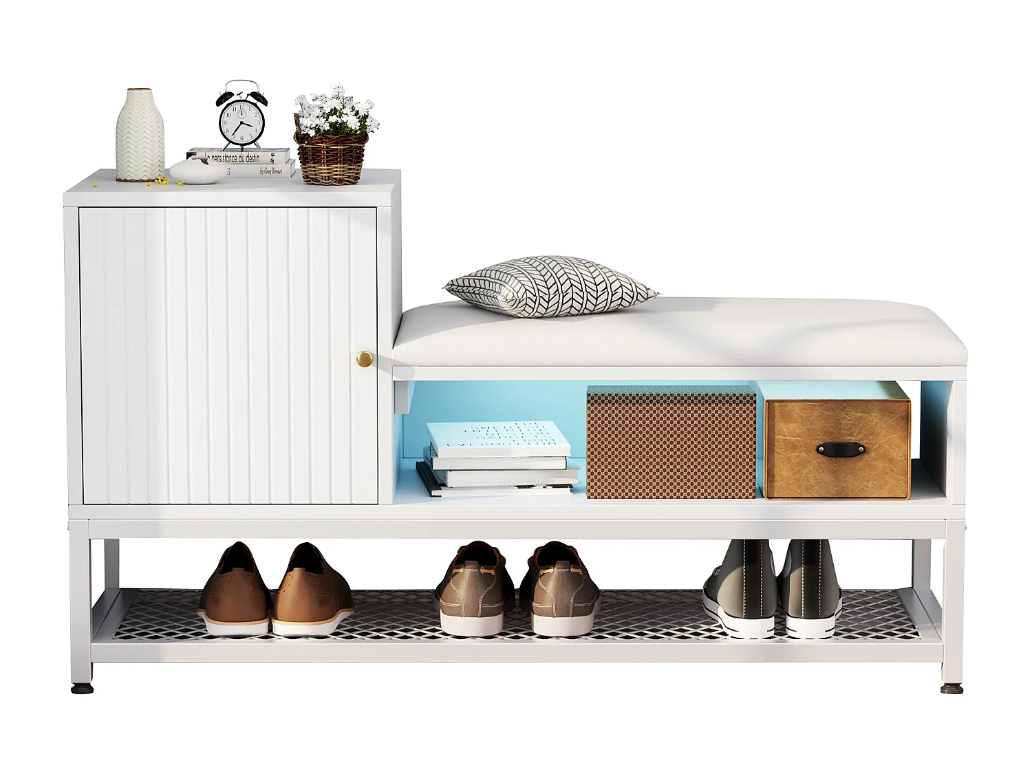Meuble à chaussures avec banc et 1 porte - 100 x 38 x 59,7 cm - LEDs - Panneaux de particules - Blanc
