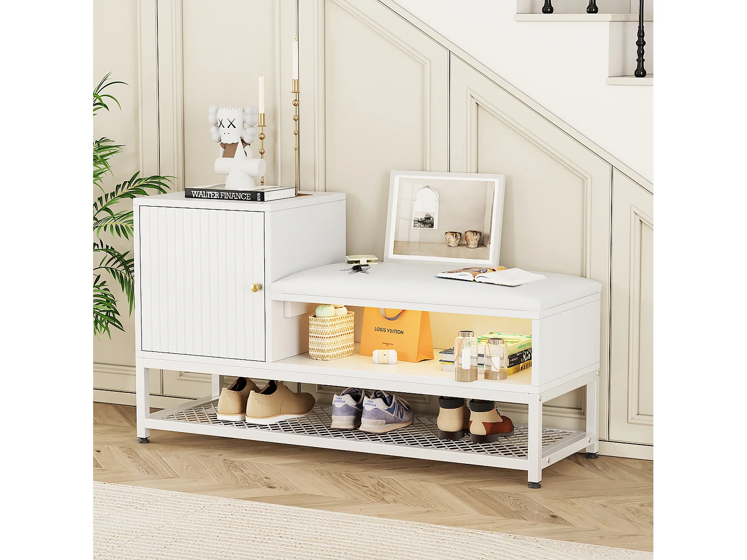 Meuble à chaussures avec banc et 1 porte - 100 x 38 x 59,7 cm - LEDs - Panneaux de particules - Blanc