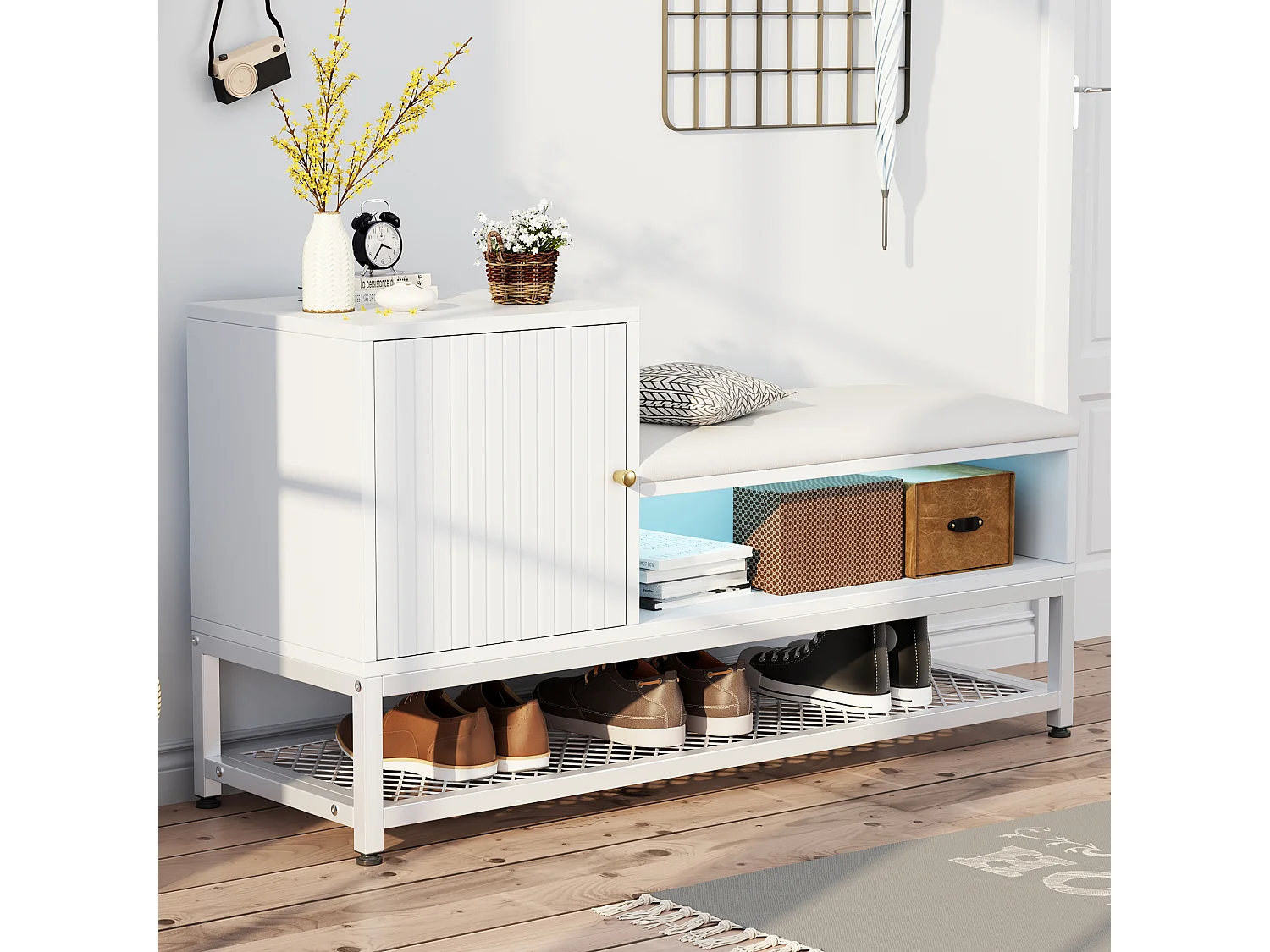 Meuble à chaussures avec banc et 1 porte - 100 x 38 x 59,7 cm - LEDs - Panneaux de particules - Blanc