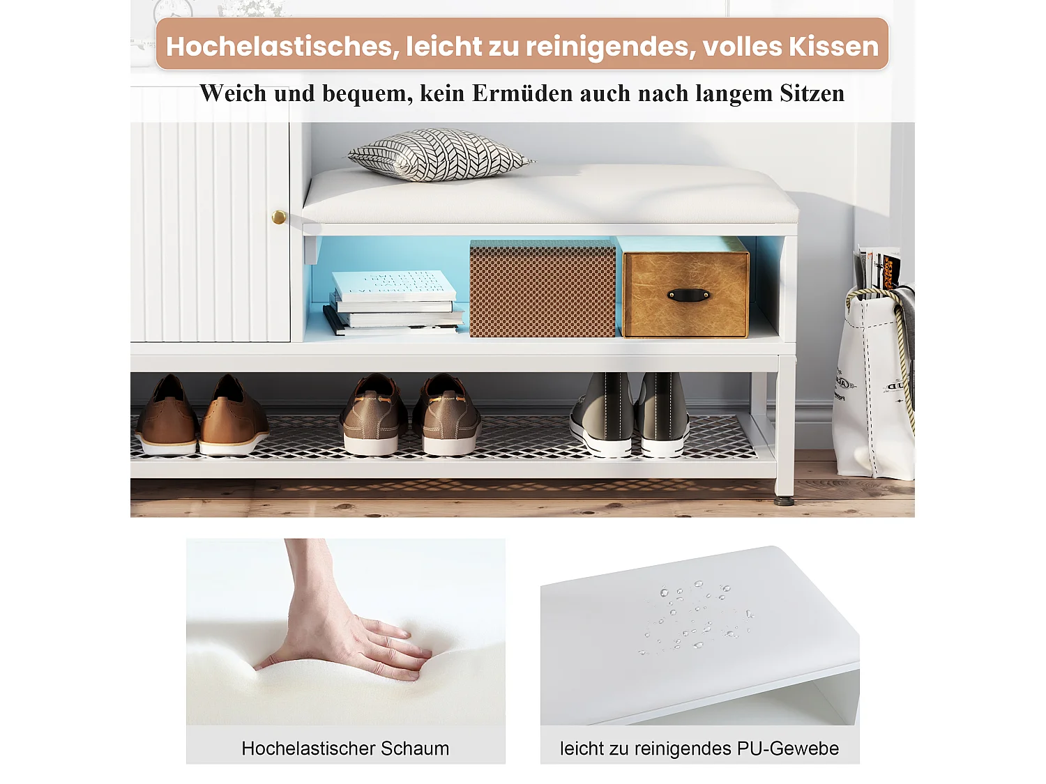 Meuble à chaussures avec banc et 1 porte - 100 x 38 x 59,7 cm - LEDs - Panneaux de particules - Blanc