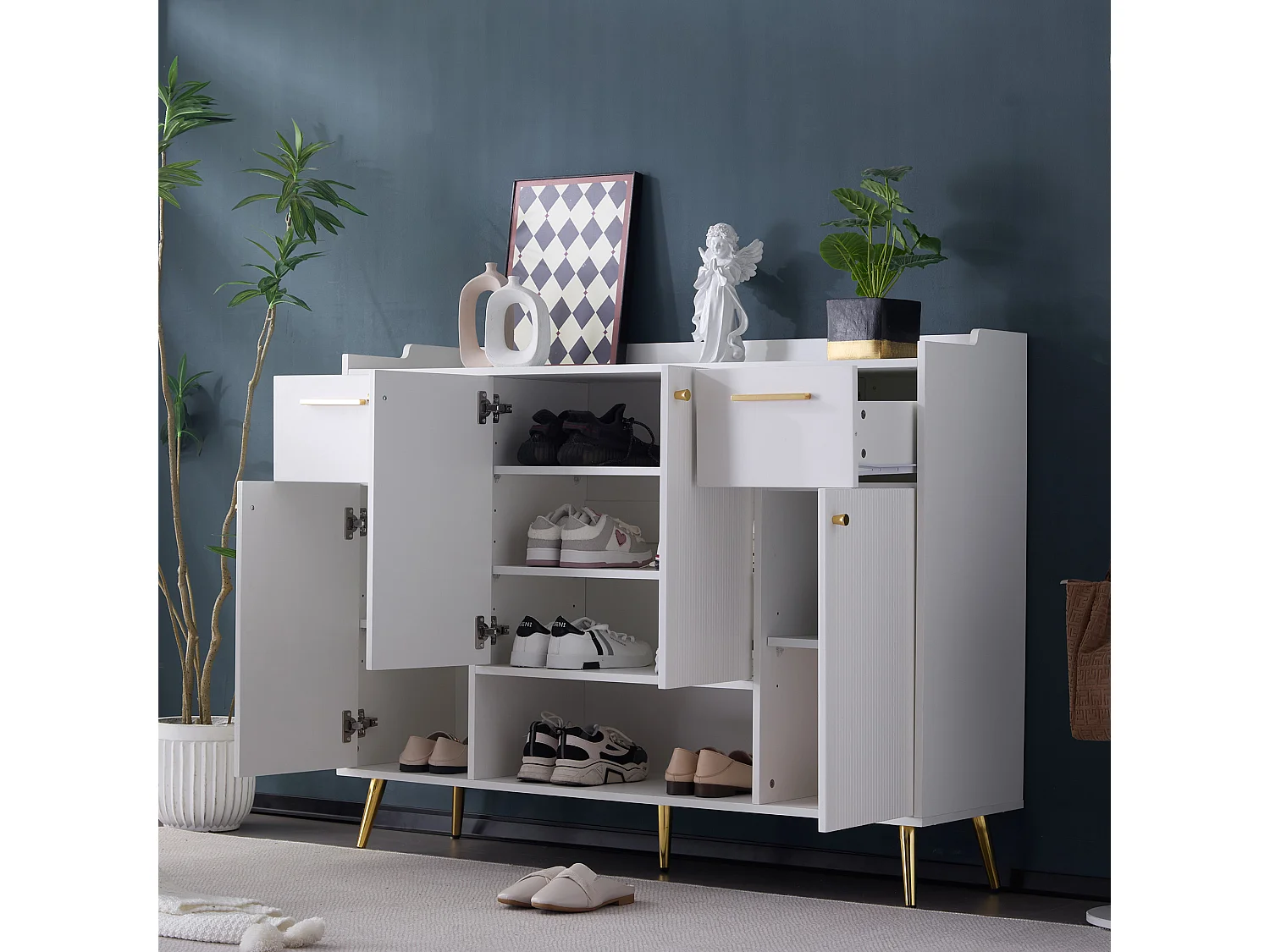 Zapatero con 2 cajones y 4 puertas - 130 x 37 x 100 cm - patas de metal y tablero de partículas - Blanco