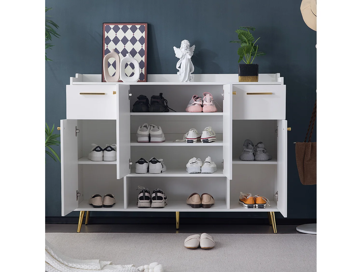 Zapatero con 2 cajones y 4 puertas - 130 x 37 x 100 cm - patas de metal y tablero de partículas - Blanco