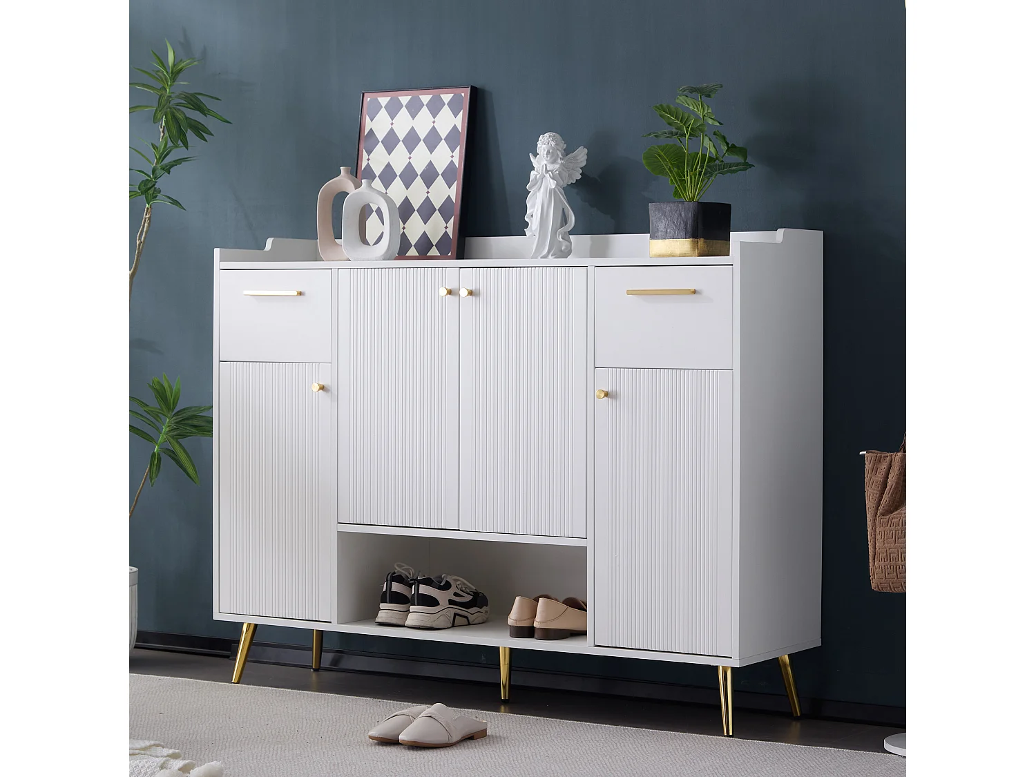 Schoenenkast met 2 laden en 4 deuren - 130 x 37 x 100 cm - metalen poten en spaanplaat - Wit