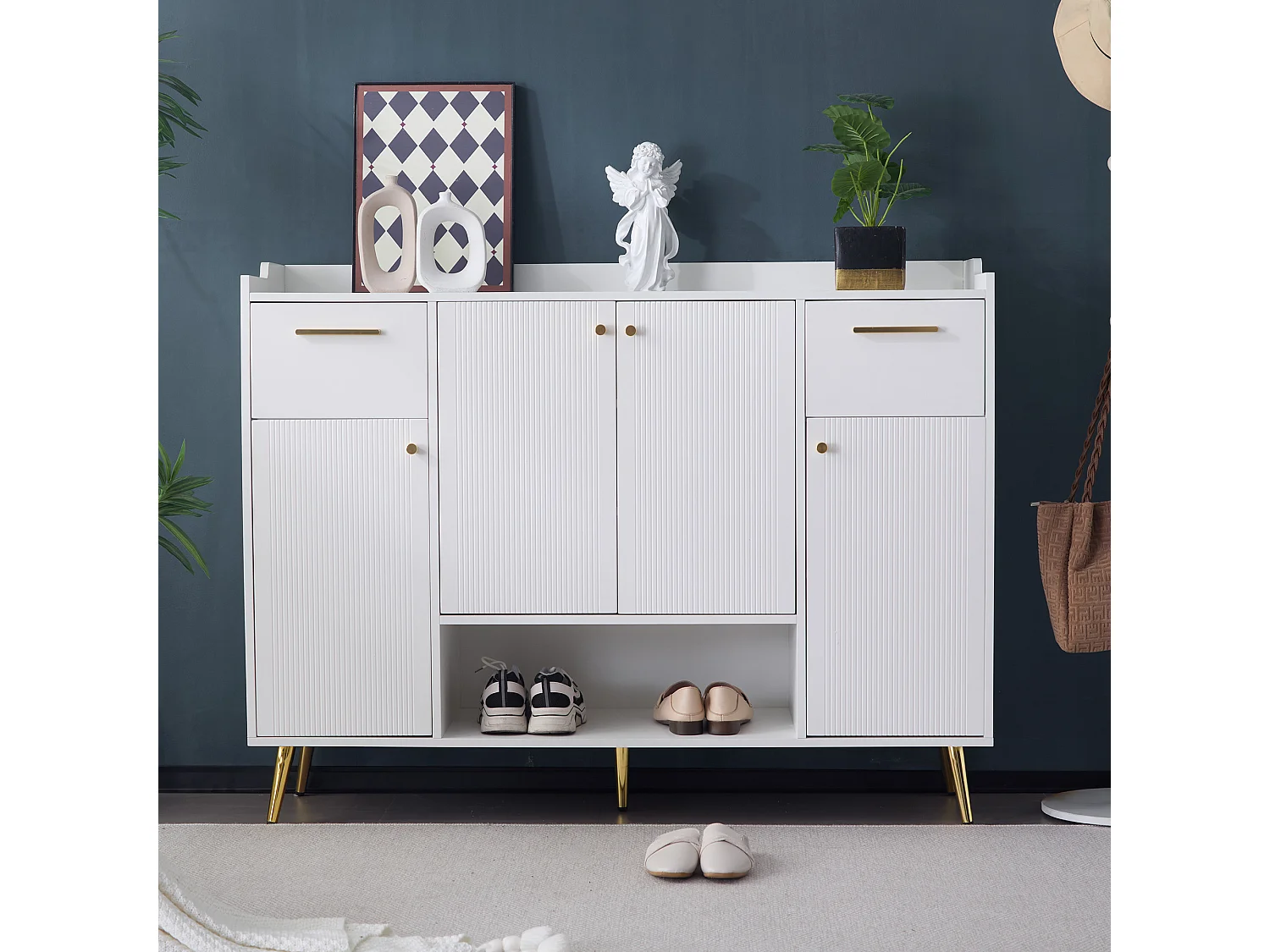 Schoenenkast met 2 laden en 4 deuren - 130 x 37 x 100 cm - metalen poten en spaanplaat - Wit