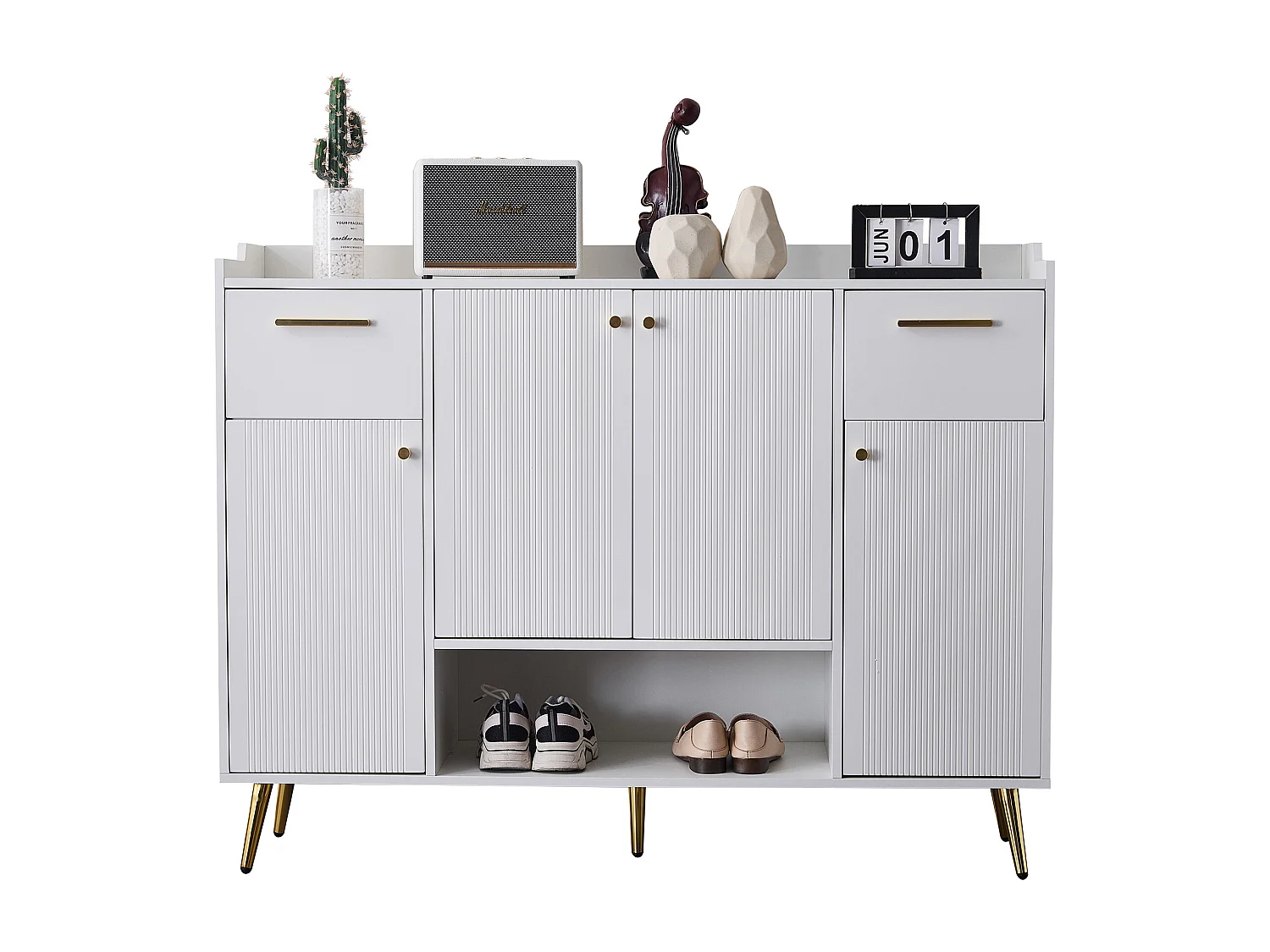 Schoenenkast met 2 laden en 4 deuren - 130 x 37 x 100 cm - metalen poten en spaanplaat - Wit