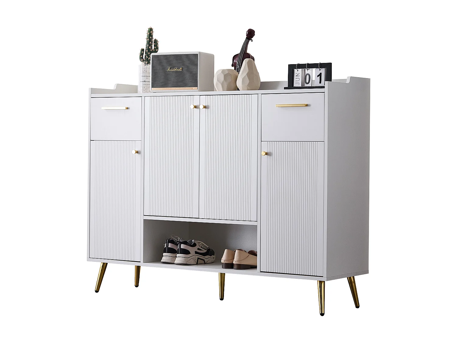 Schoenenkast met 2 laden en 4 deuren - 130 x 37 x 100 cm - metalen poten en spaanplaat - Wit