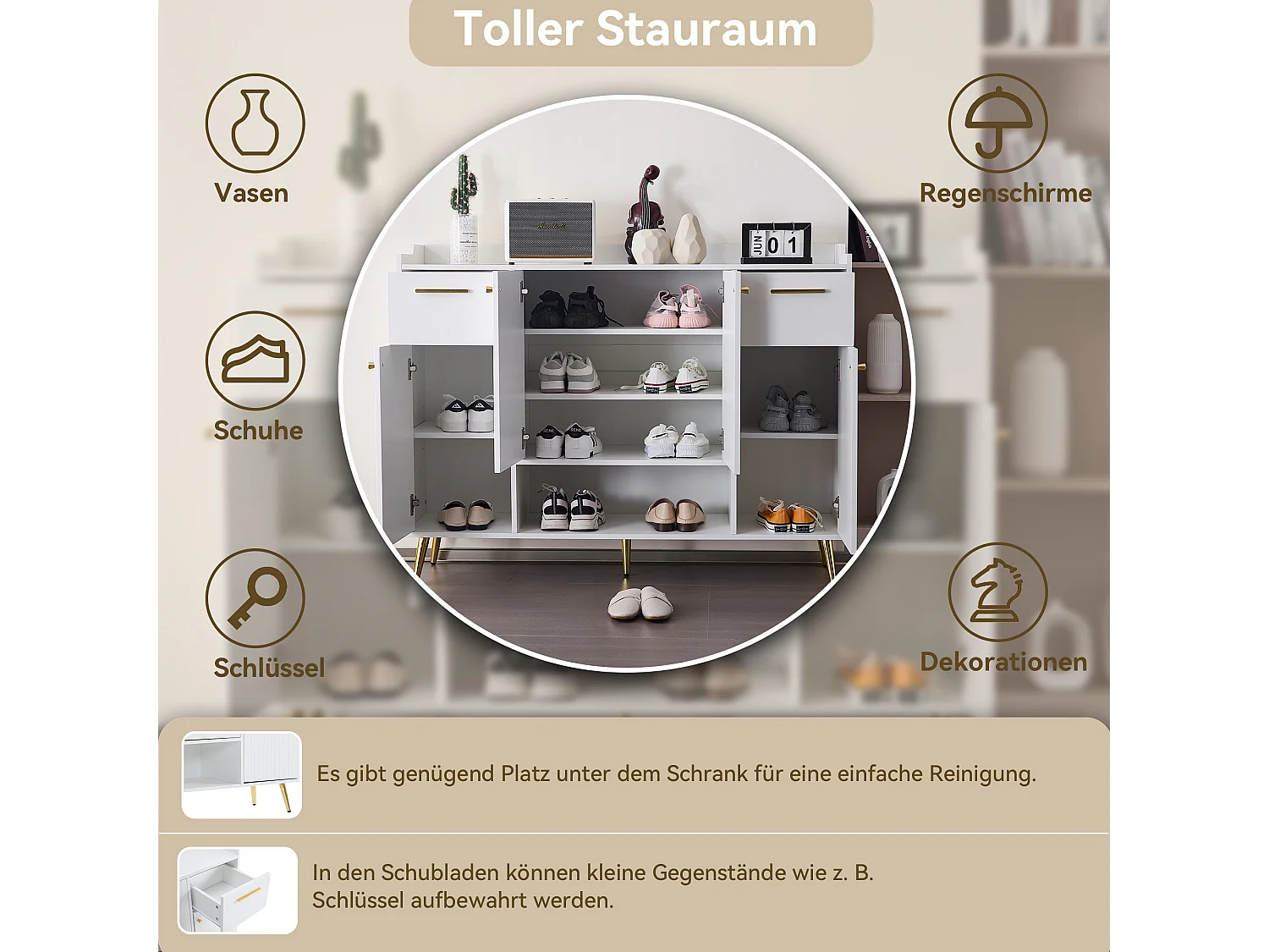 Schoenenkast met 2 laden en 4 deuren - 130 x 37 x 100 cm - metalen poten en spaanplaat - Wit