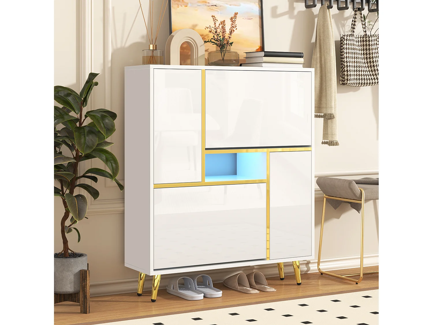 Szafka na buty z frontem błyszczącym - 80 x 25 x 96 cm - diody LED - Płyta wiórowa - Biała