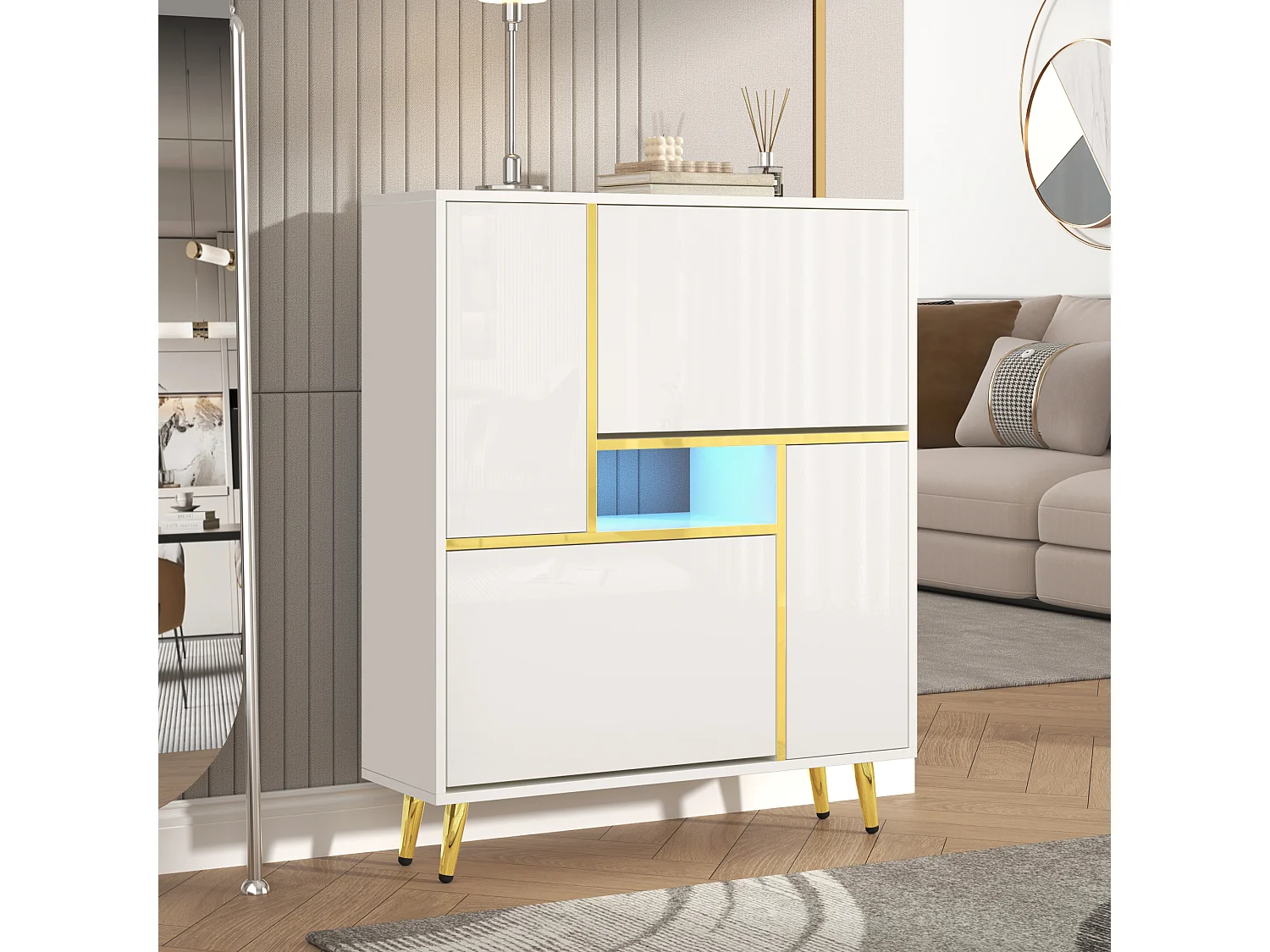 Meuble à chaussures avec façade brillante - 80 x 25 x 96 cm - LEDs - Panneaux de particules - Blanc