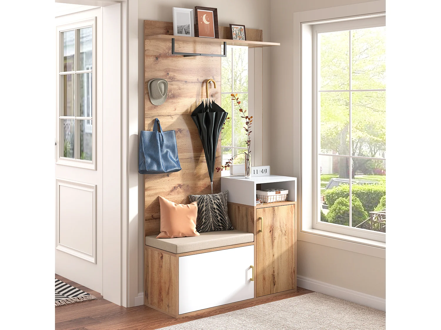 Meuble à chaussures avec banc, porte-manteau et miroir - 105 x 40 x 190.5 cm - MDF et panneau de particules - Blanc et bois