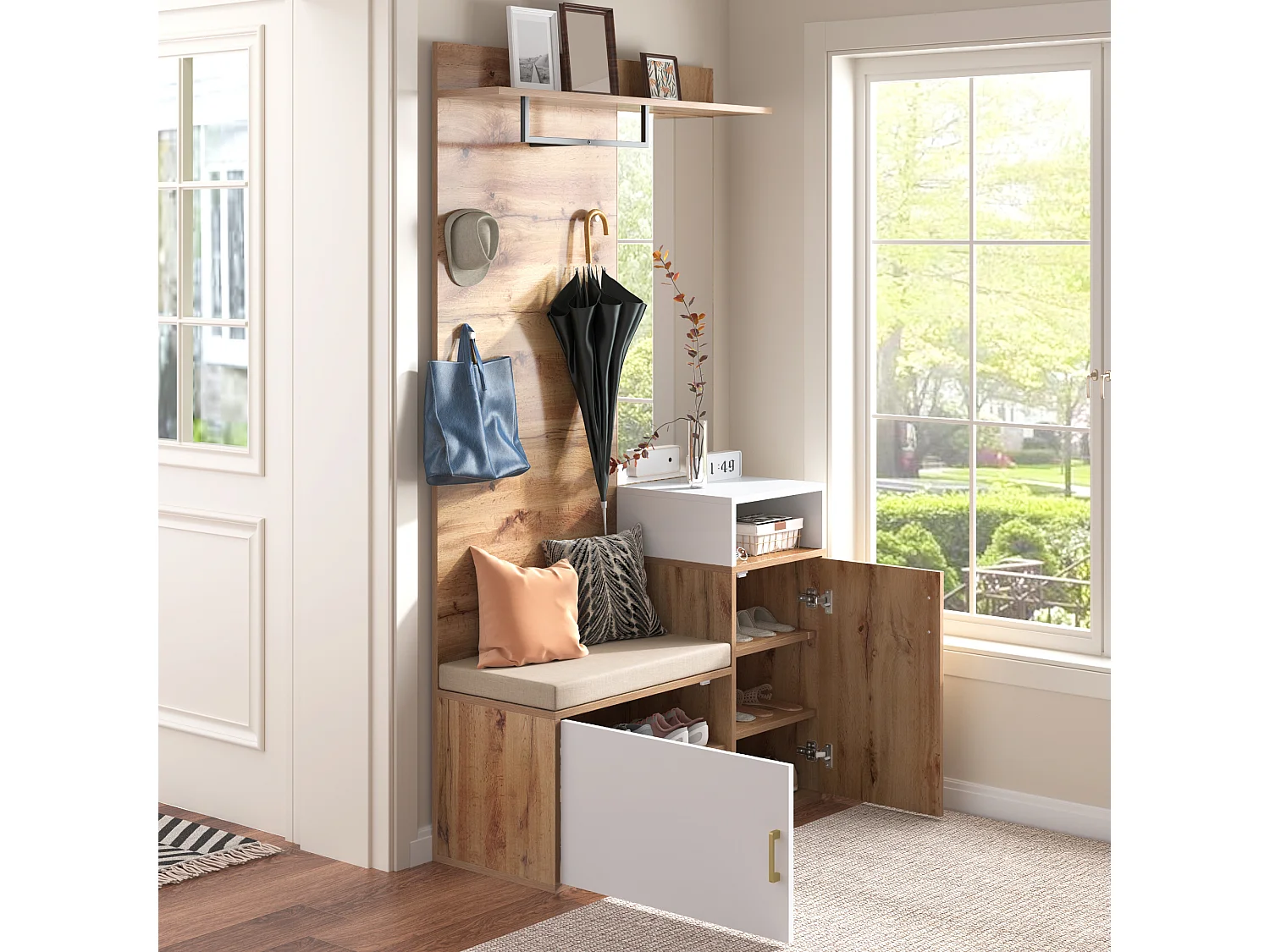 Meuble à chaussures avec banc, porte-manteau et miroir - 105 x 40 x 190.5 cm - MDF et panneau de particules - Blanc et bois