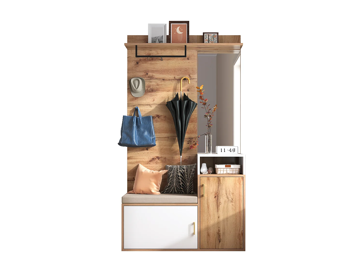 Meuble à chaussures avec banc, porte-manteau et miroir - 105 x 40 x 190.5 cm - MDF et panneau de particules - Blanc et bois