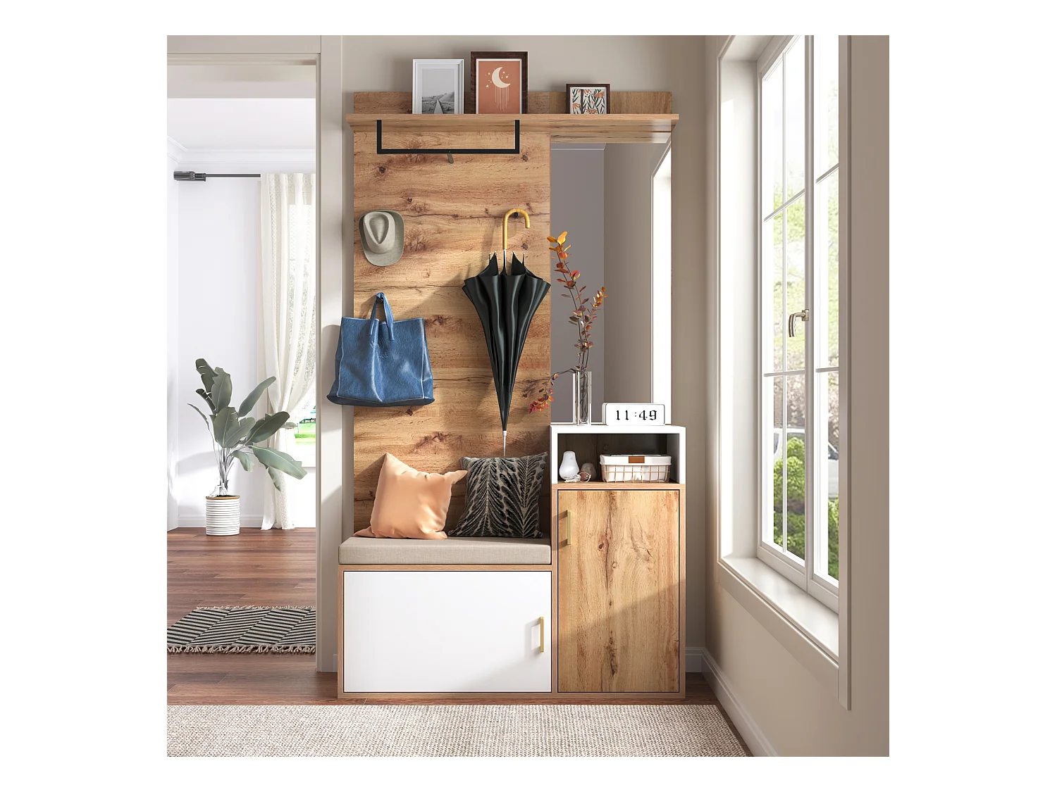 Meuble à chaussures avec banc, porte-manteau et miroir - 105 x 40 x 190.5 cm - MDF et panneau de particules - Blanc et bois