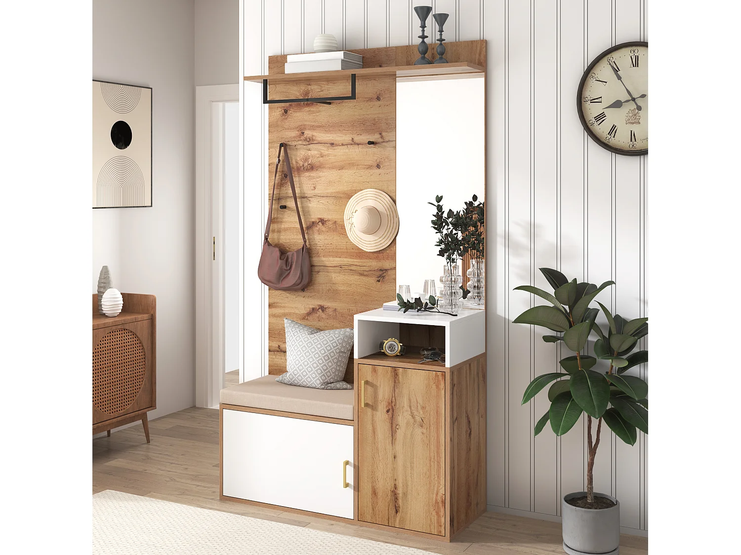 Scarpiera con panca, appendiabiti e specchio - 105 x 40 x 190,5 cm - MDF e pannelli di particelle - Bianco e legno