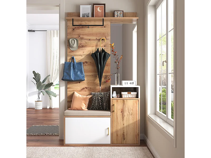 Schuhschrank mit Bank, Garderobe und Spiegel – 105 x 40 x 190,5 cm – MDF und Spanplatte – Weiß und Holz