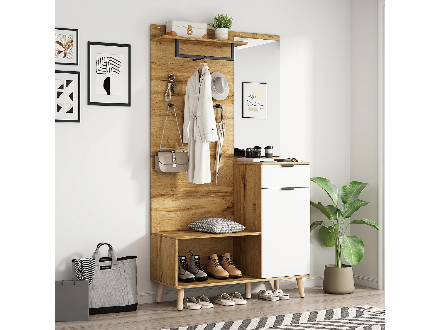 Szafka na buty z ławką, 1 drzwiami i wieszakiem na ubrania - 104 x 39 x 190 cm - Płyta wiórowa - Dąb