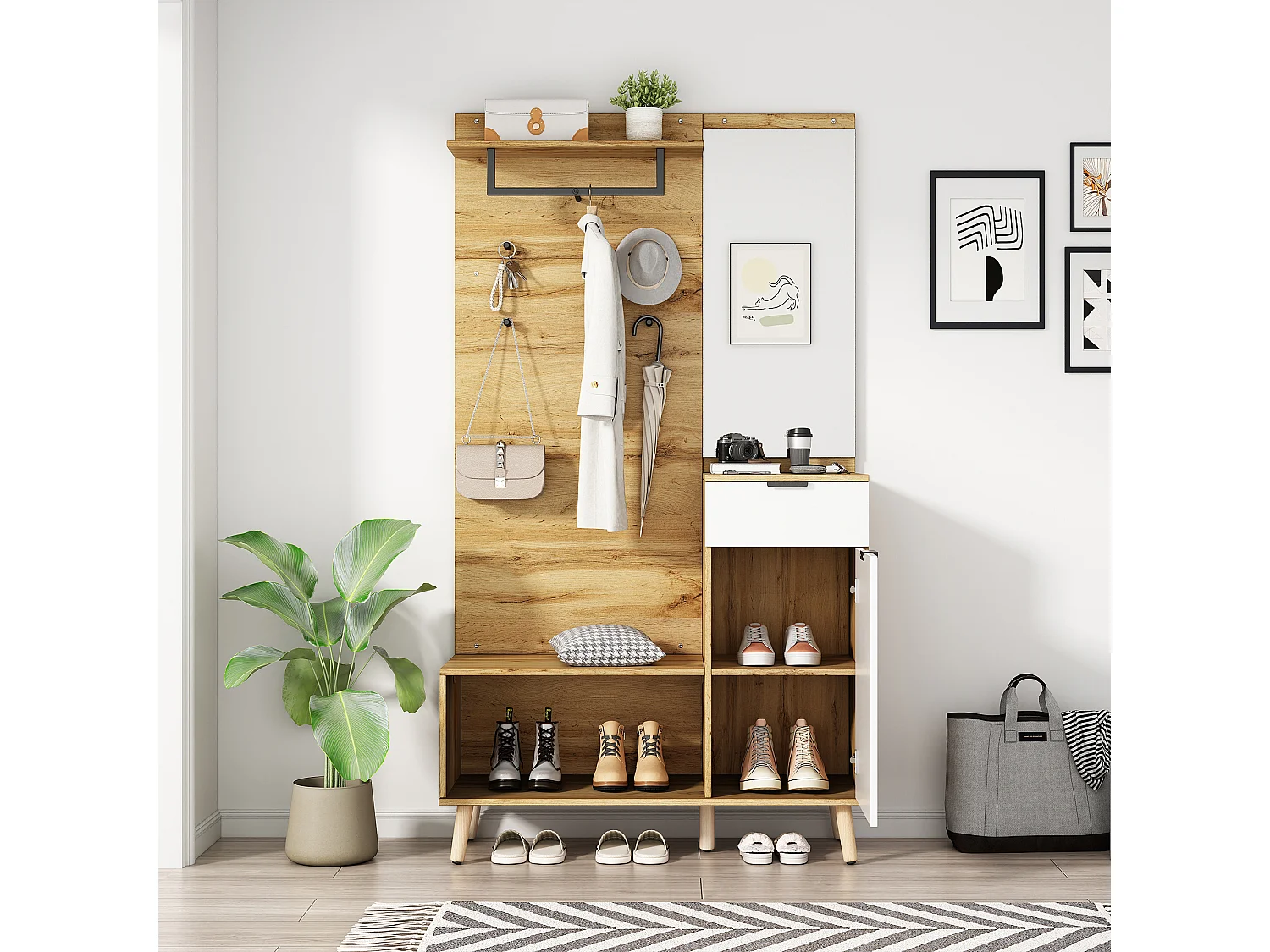 Szafka na buty z ławką, 1 drzwiami i wieszakiem na ubrania - 104 x 39 x 190 cm - Płyta wiórowa - Dąb