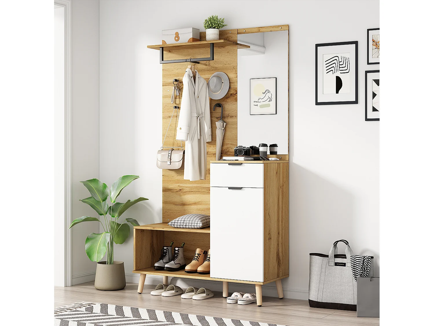 Meuble à chaussures avec banc, 1 porte et porte-manteau - 104 x 39 x 190 cm - Panneaux de particules - Chêne