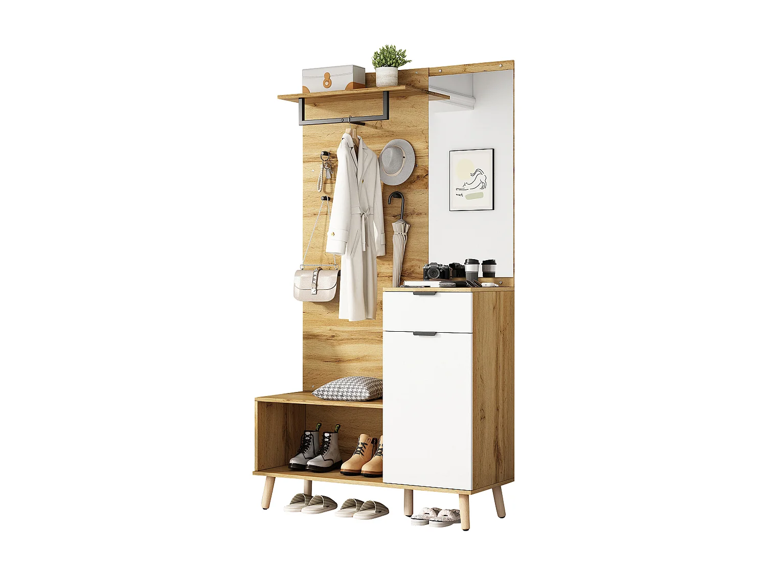 Meuble à chaussures avec banc, 1 porte et porte-manteau - 104 x 39 x 190 cm - Panneaux de particules - Chêne