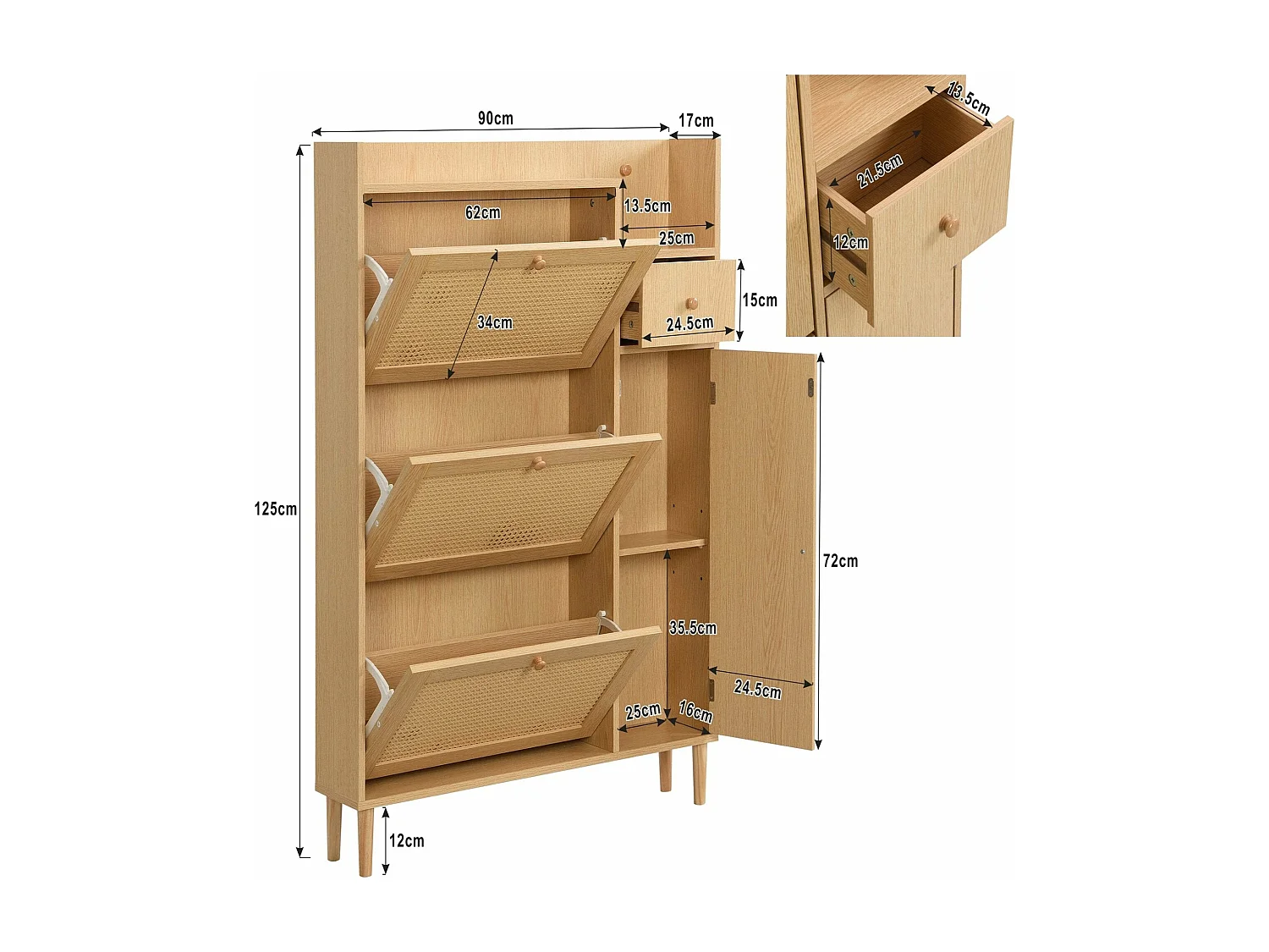 Meuble à chaussures en rotin avec 3 portes basculantes,d90cm×h125cm