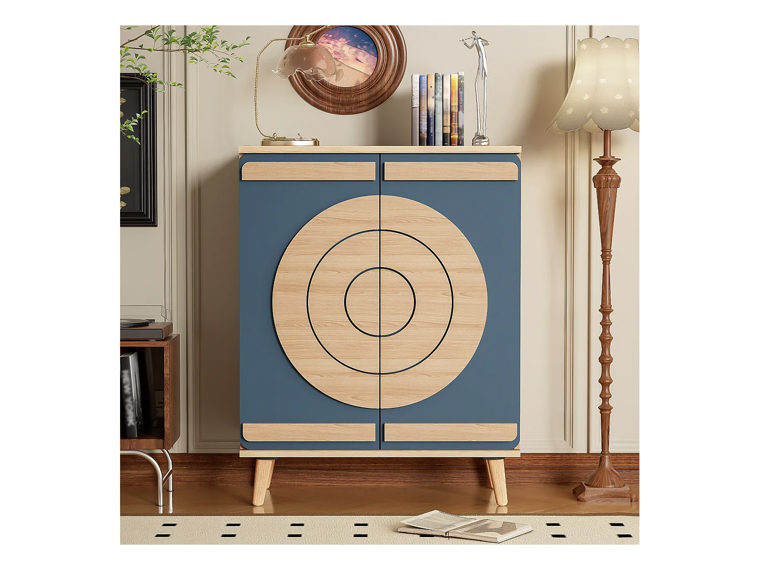 Schoenenkast met 2 deuren - 76 x 37 x 98,5 cm - Spaanplaat - Uniek design - Blauwgrijs en hout