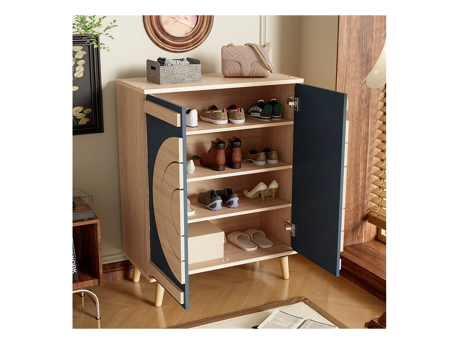 Meuble à chaussures avec 2 portes - 76 x 37 x 98,5 cm - Panneaux de particules - Design unique - Bleu gris et bois