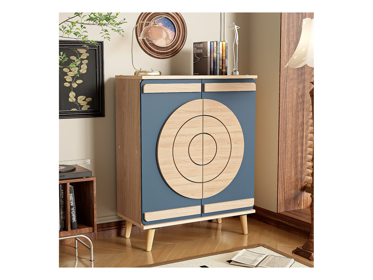 Meuble à chaussures avec 2 portes - 76 x 37 x 98,5 cm - Panneaux de particules - Design unique - Bleu gris et bois