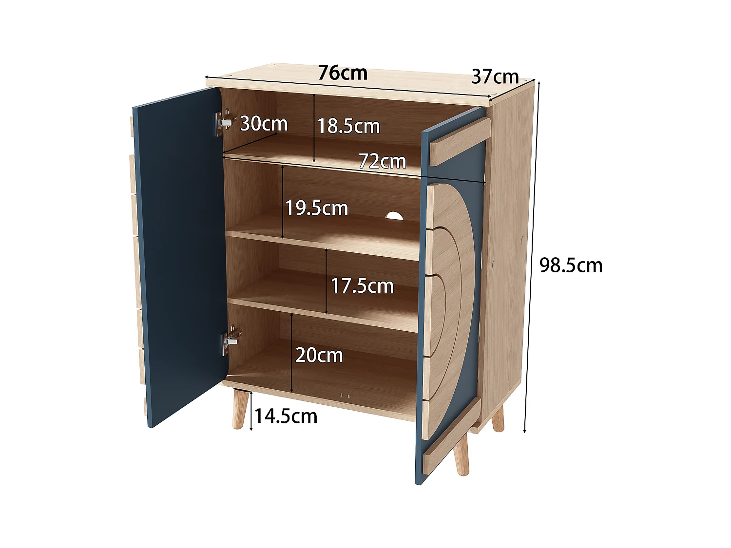 Meuble à chaussures avec 2 portes - 76 x 37 x 98,5 cm - Panneaux de particules - Design unique - Bleu gris et bois