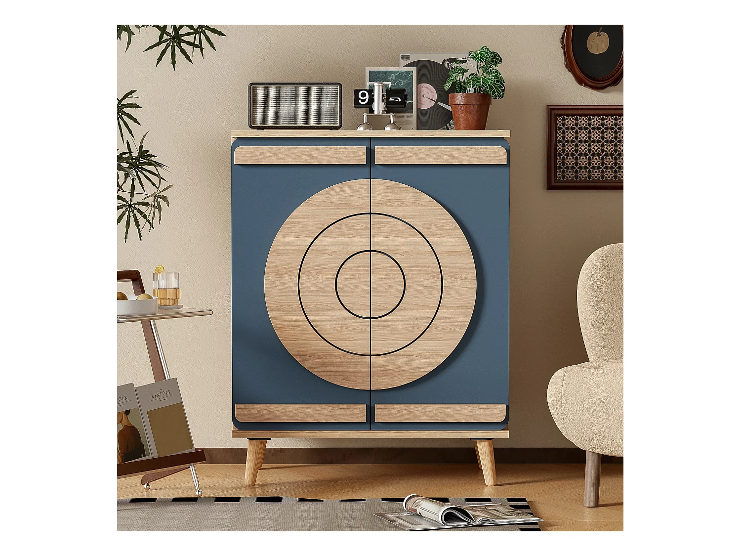 Meuble à chaussures avec 2 portes - 76 x 37 x 98,5 cm - Panneaux de particules - Design unique - Bleu gris et bois