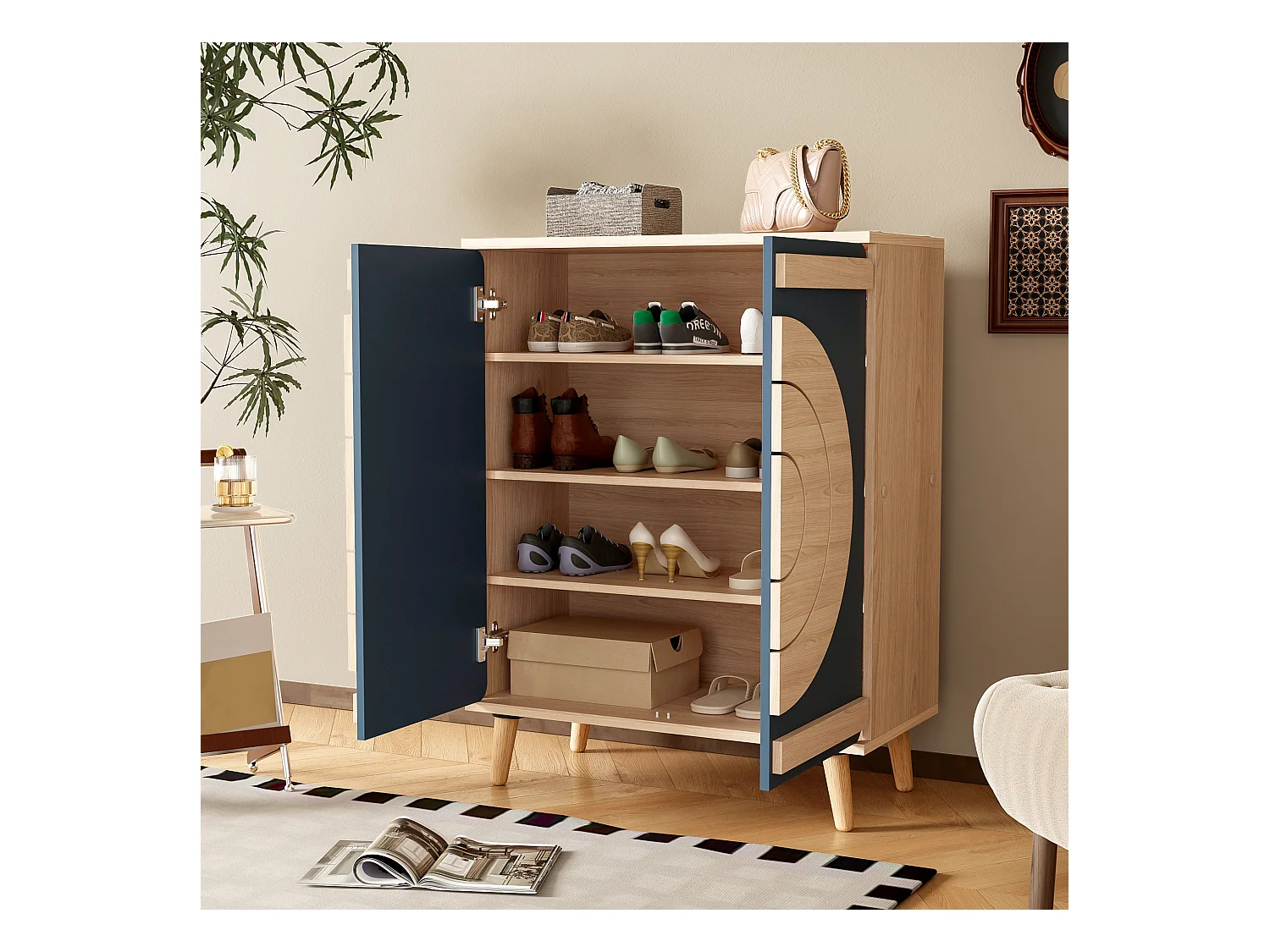 Meuble à chaussures avec 2 portes - 76 x 37 x 98,5 cm - Panneaux de particules - Design unique - Bleu gris et bois