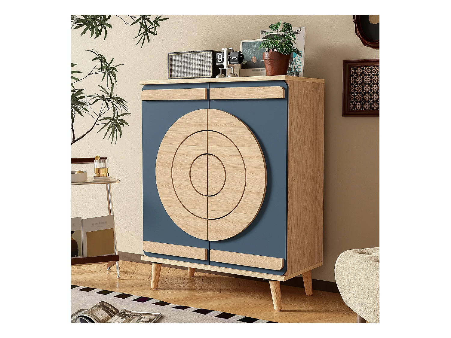 Meuble à chaussures avec 2 portes - 76 x 37 x 98,5 cm - Panneaux de particules - Design unique - Bleu gris et bois