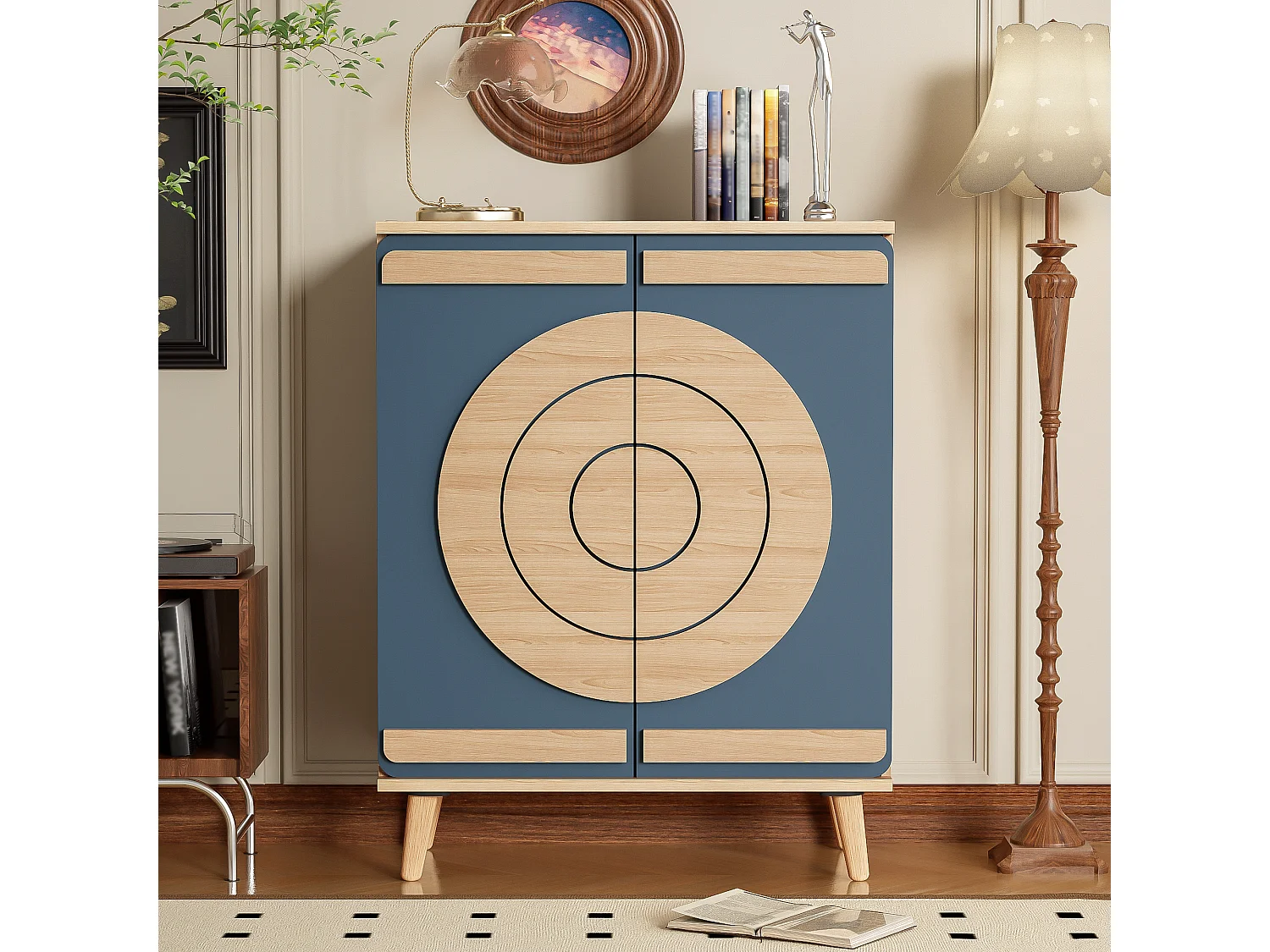 Schoenenkast met 2 deuren - 76 x 37 x 98,5 cm - Spaanplaat - Uniek design - Blauwgrijs en hout