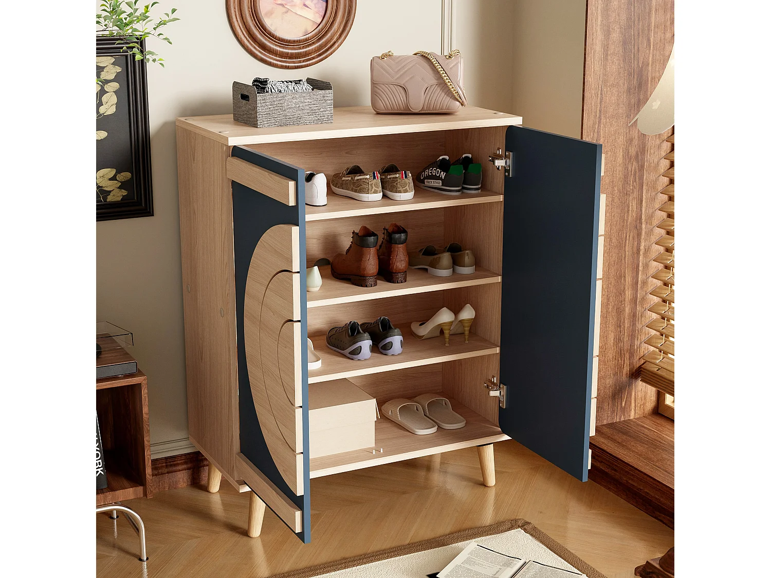 Schoenenkast met 2 deuren - 76 x 37 x 98,5 cm - Spaanplaat - Uniek design - Blauwgrijs en hout